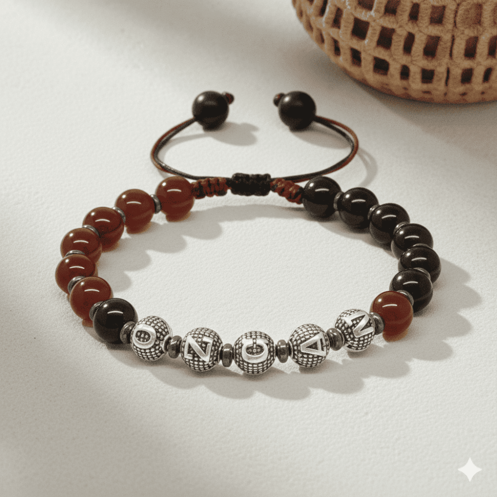 İsme Özel Yazılı Makrome Örgü Küre Kırmızı Siyah Akik Oniks Hematit Doğaltaş Erkek Taraftar Bileklik - 4