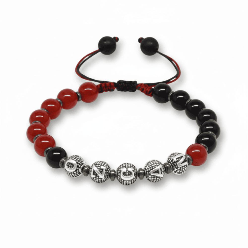 İsme Özel Yazılı Makrome Örgü Küre Kırmızı Siyah Akik Oniks Hematit Doğaltaş Erkek Taraftar Bileklik - 3