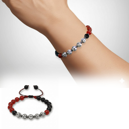 İsme Özel Yazılı Makrome Örgü Küre Kırmızı Siyah Akik Oniks Hematit Doğaltaş Erkek Taraftar Bileklik - Tesbihane