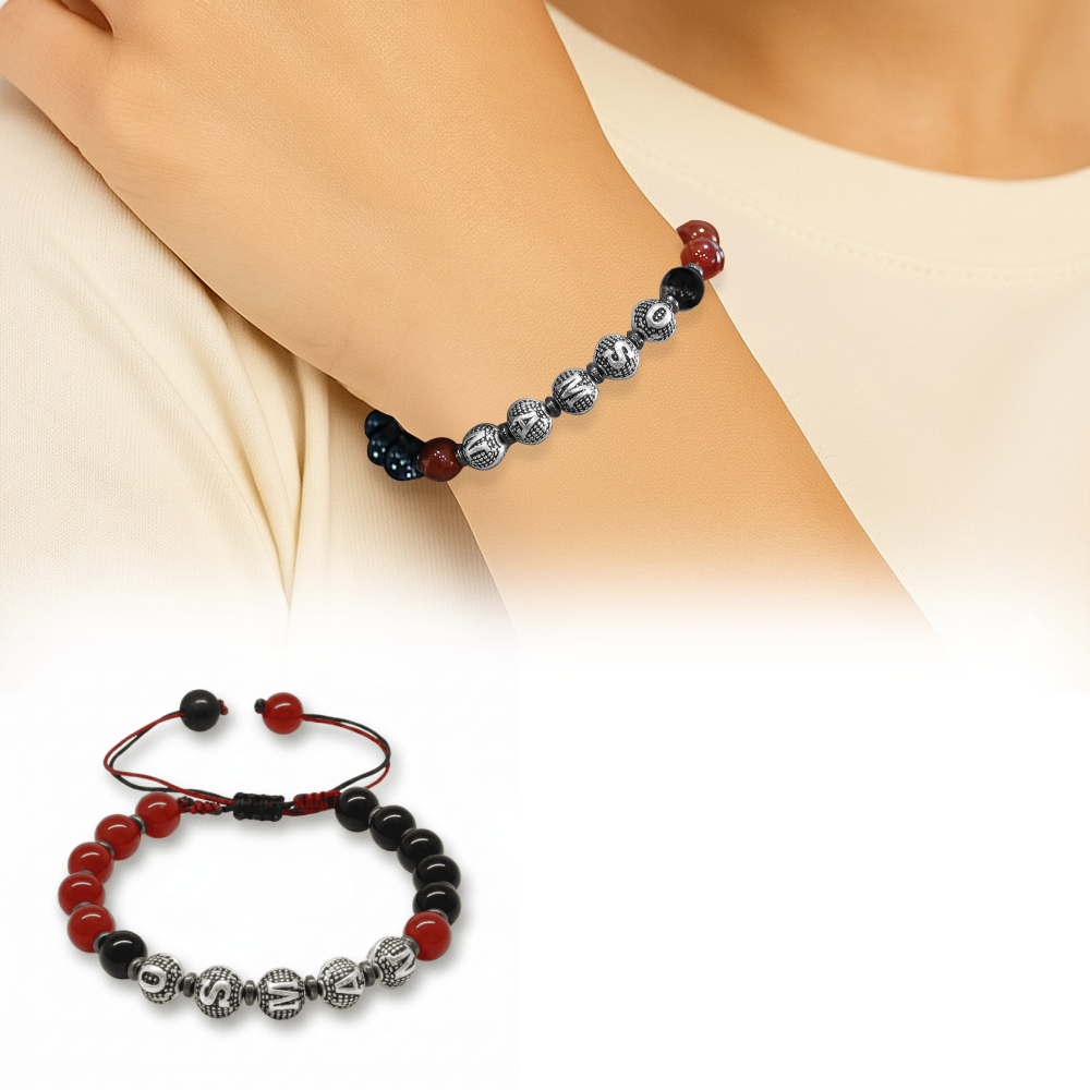 İsme Özel Yazılı Makrome Örgü Küre Kırmızı Siyah Akik Oniks Hematit Doğaltaş Kadın Taraftar Bileklik - 1