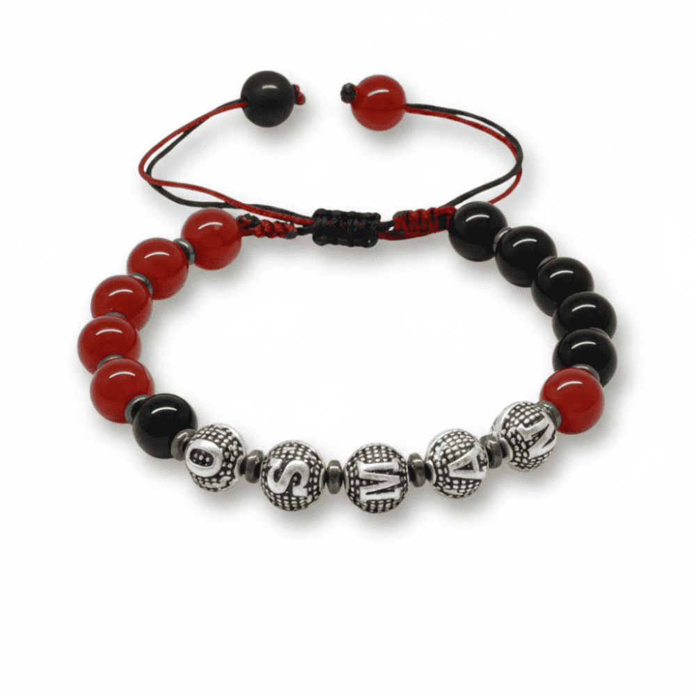 İsme Özel Yazılı Makrome Örgü Küre Kırmızı Siyah Akik Oniks Hematit Doğaltaş Kadın Taraftar Bileklik - 4
