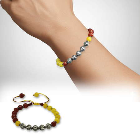 İsme Özel Yazılı Makrome Örgülü Küre Sarı Kırmızı Jade Akik Hematit Doğaltaş Erkek Taraftar Bileklik - Tesbihane