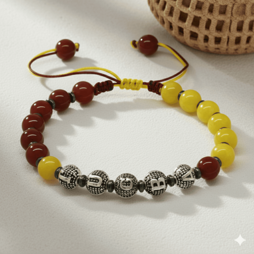 İsme Özel Yazılı Makrome Örgülü Küre Sarı Kırmızı Jade Akik Hematit Doğaltaş Erkek Taraftar Bileklik - 3