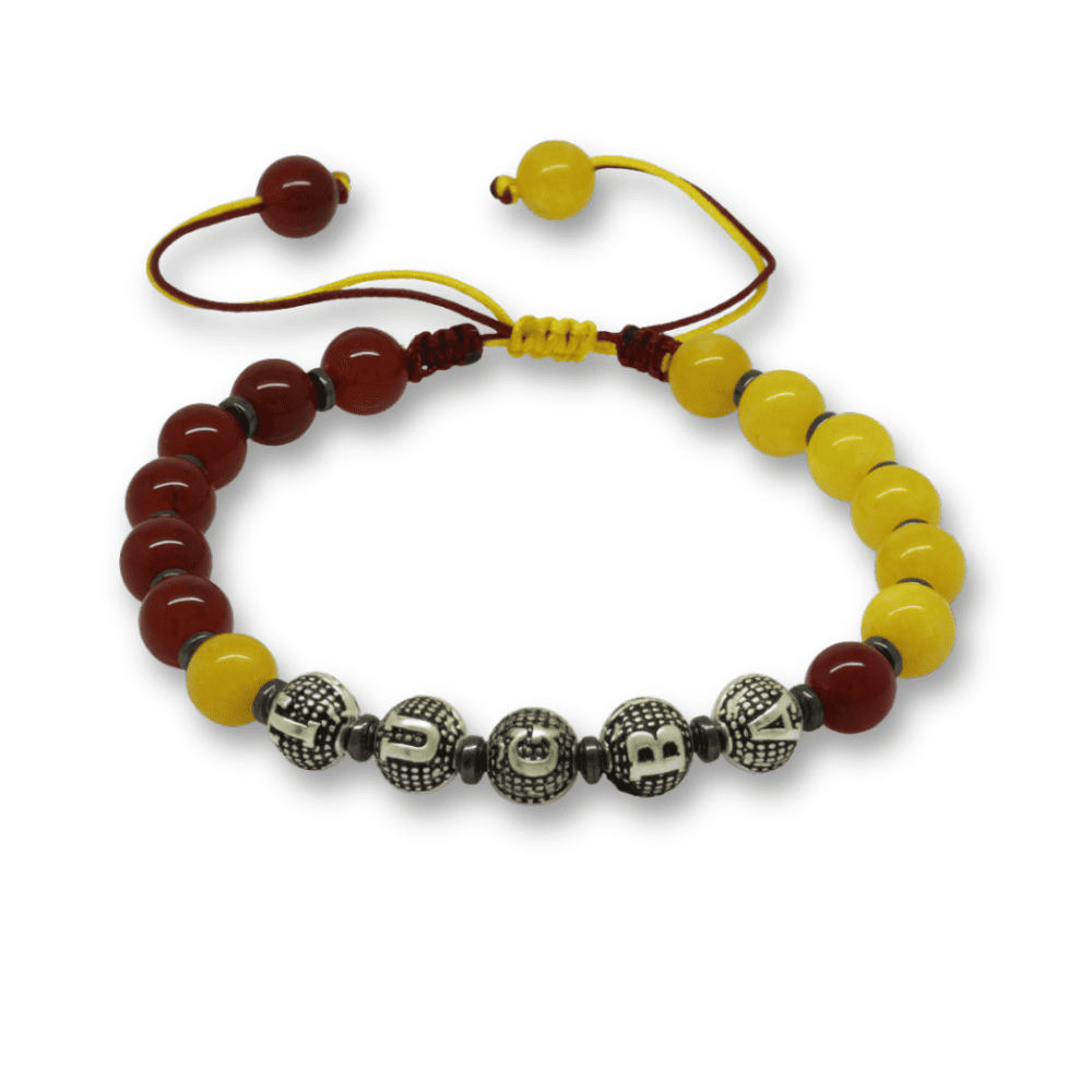 İsme Özel Yazılı Makrome Örgülü Küre Sarı Kırmızı Jade Akik Hematit Doğaltaş Erkek Taraftar Bileklik - 4