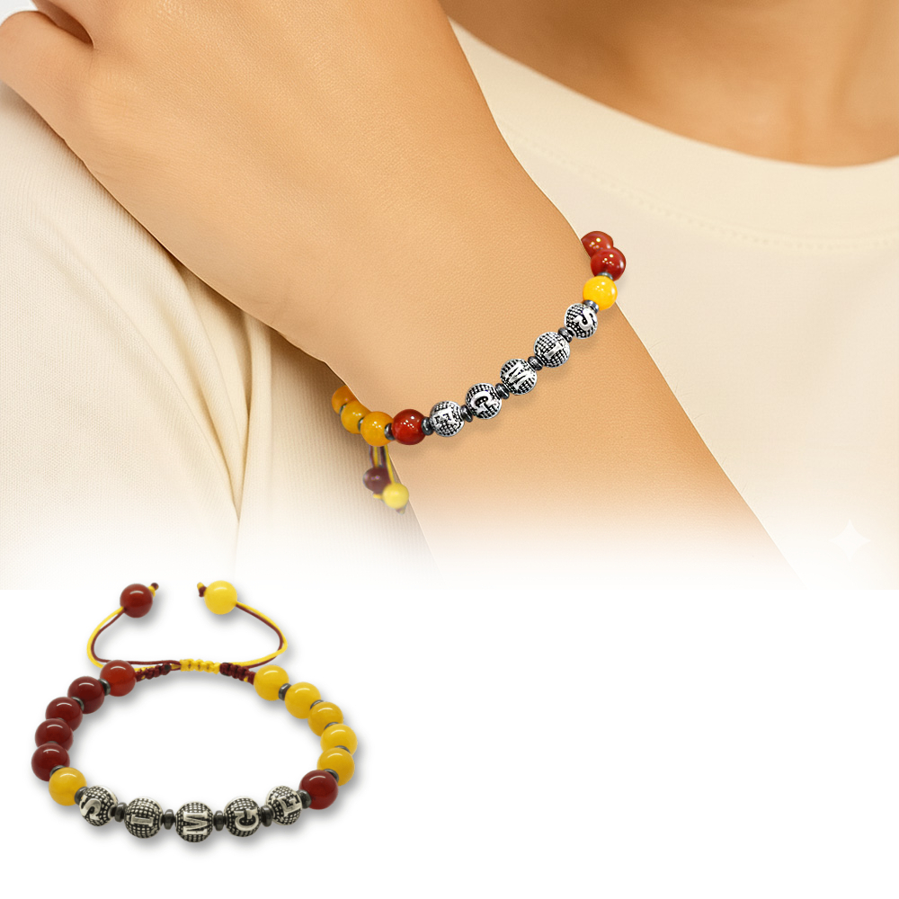 İsme Özel Yazılı Makrome Örgülü Küre Sarı Kırmızı Jade Akik Hematit Doğaltaş Kadın Taraftar Bileklik - 1