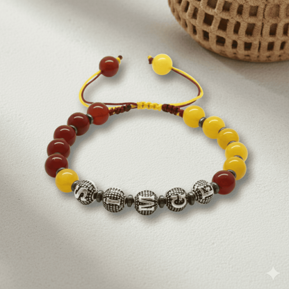 İsme Özel Yazılı Makrome Örgülü Küre Sarı Kırmızı Jade Akik Hematit Doğaltaş Kadın Taraftar Bileklik - 3