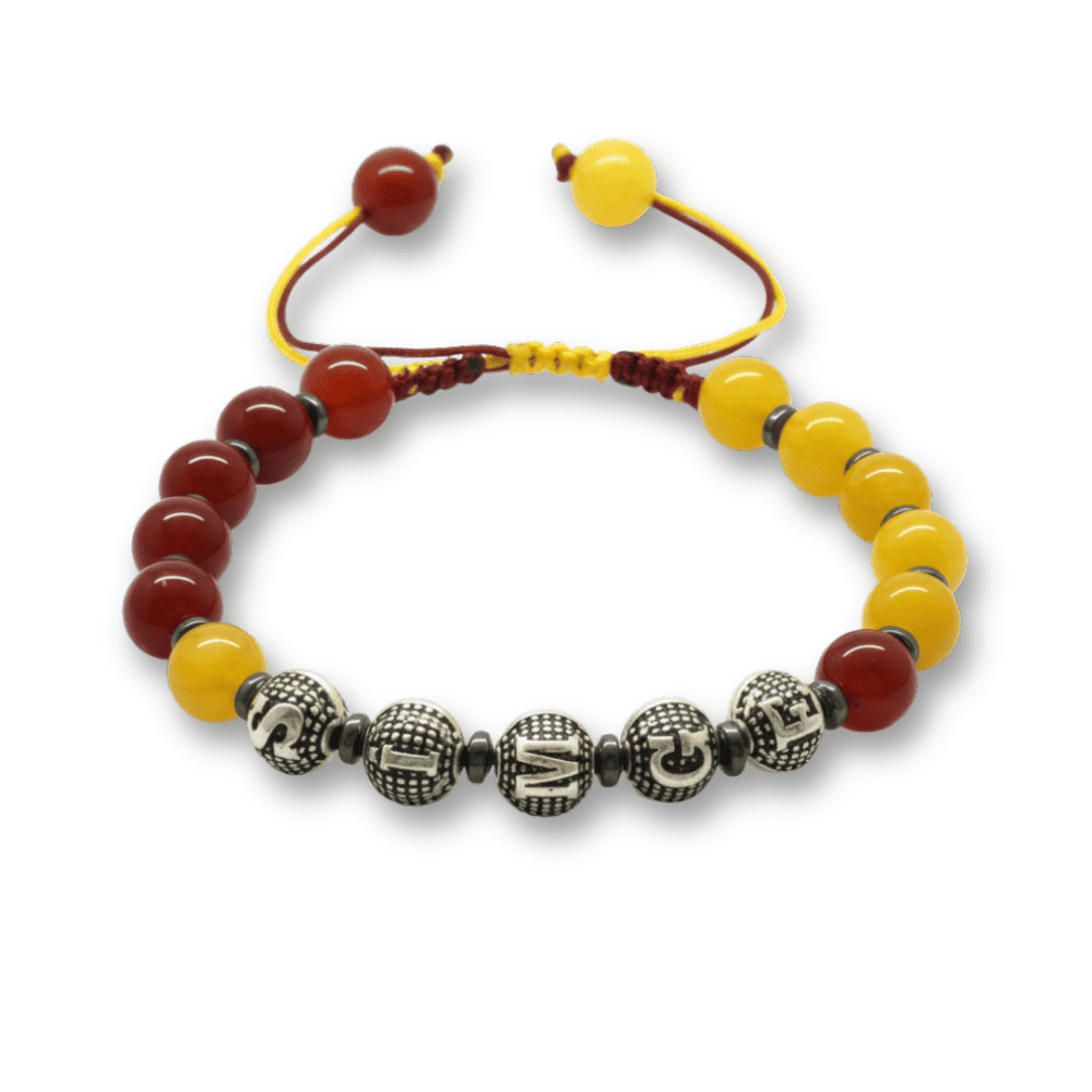 İsme Özel Yazılı Makrome Örgülü Küre Sarı Kırmızı Jade Akik Hematit Doğaltaş Kadın Taraftar Bileklik - 4