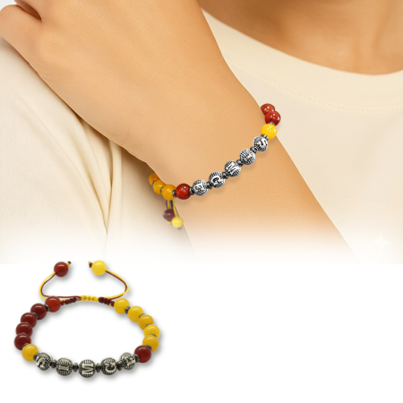 İsme Özel Yazılı Makrome Örgülü Küre Sarı Kırmızı Jade Akik Hematit Doğaltaş Kadın Taraftar Bileklik - Tesbihane