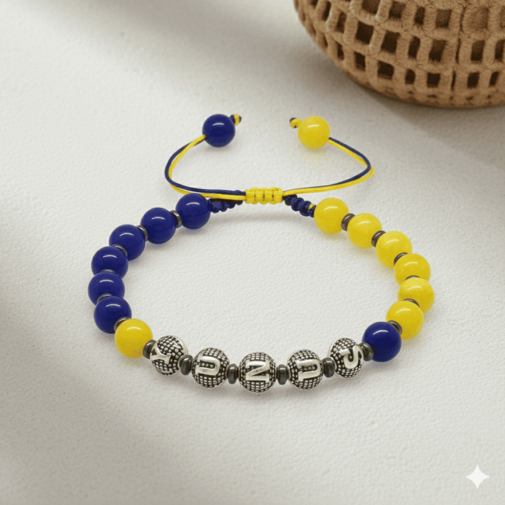 İsme Özel Yazılı Makrome Örgü Küre Kesim Sarı Lacivert Jade Hematit Doğaltaş Erkek Taraftar Bileklik - 3