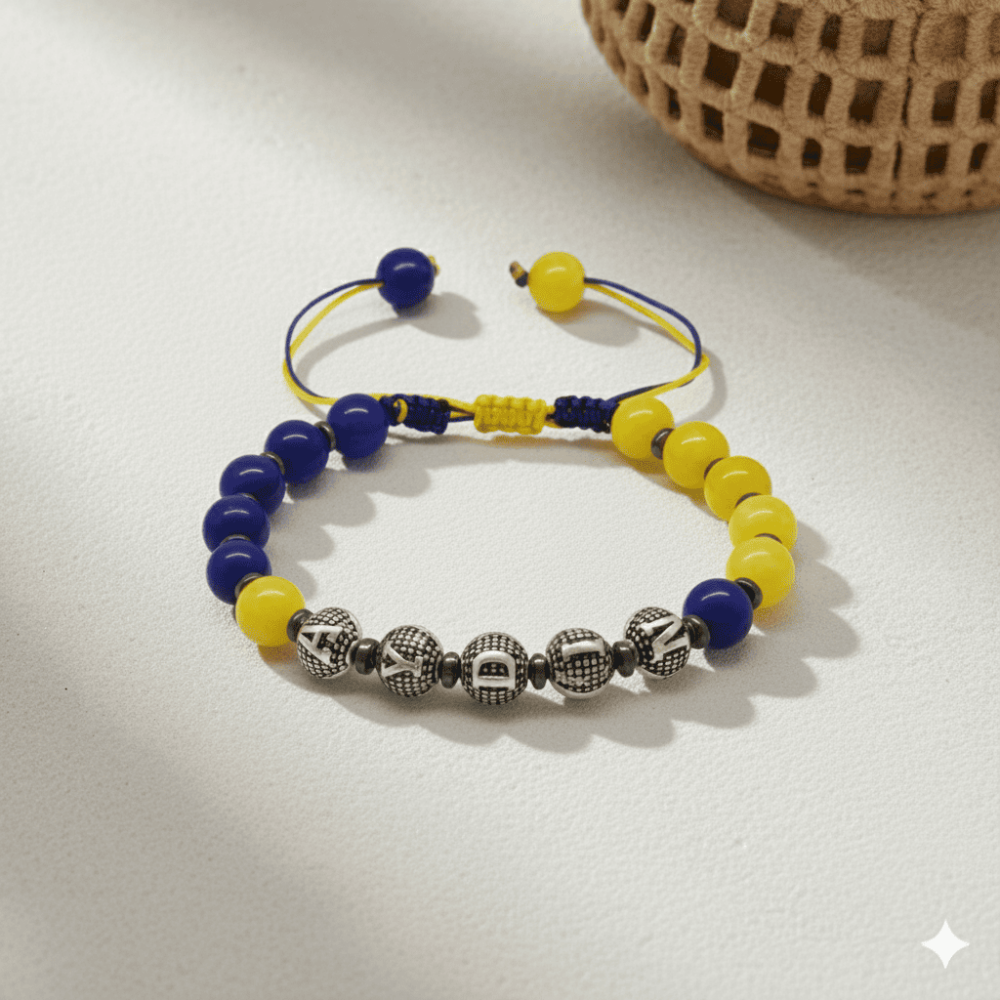 İsme Özel Yazılı Makrome Örgü Küre Kesim Sarı Lacivert Jade Hematit Doğaltaş Kadın Taraftar Bileklik - 3