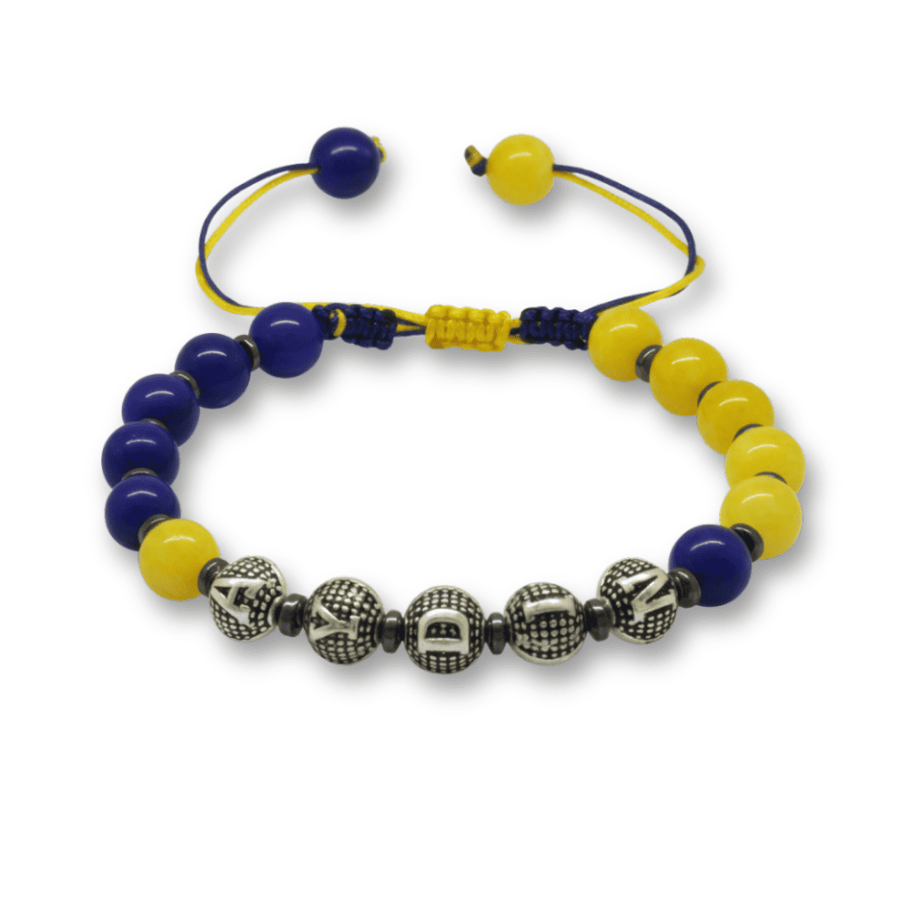 İsme Özel Yazılı Makrome Örgü Küre Kesim Sarı Lacivert Jade Hematit Doğaltaş Kadın Taraftar Bileklik - 4