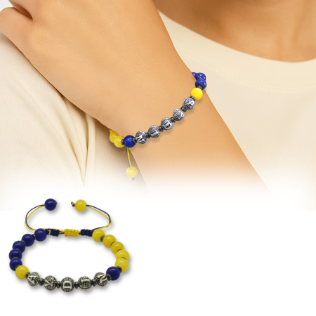 İsme Özel Yazılı Makrome Örgü Küre Kesim Sarı Lacivert Jade Hematit Doğaltaş Kadın Taraftar Bileklik - Tesbihane