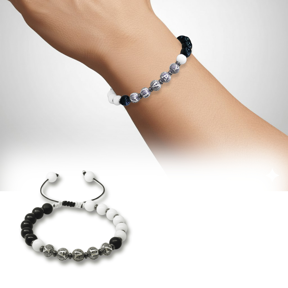İsme Özel Yazılı Makrome Örgülü Küre Siyah Beyaz Jade Oniks Hematit Doğaltaş Erkek Taraftar Bileklik - 1