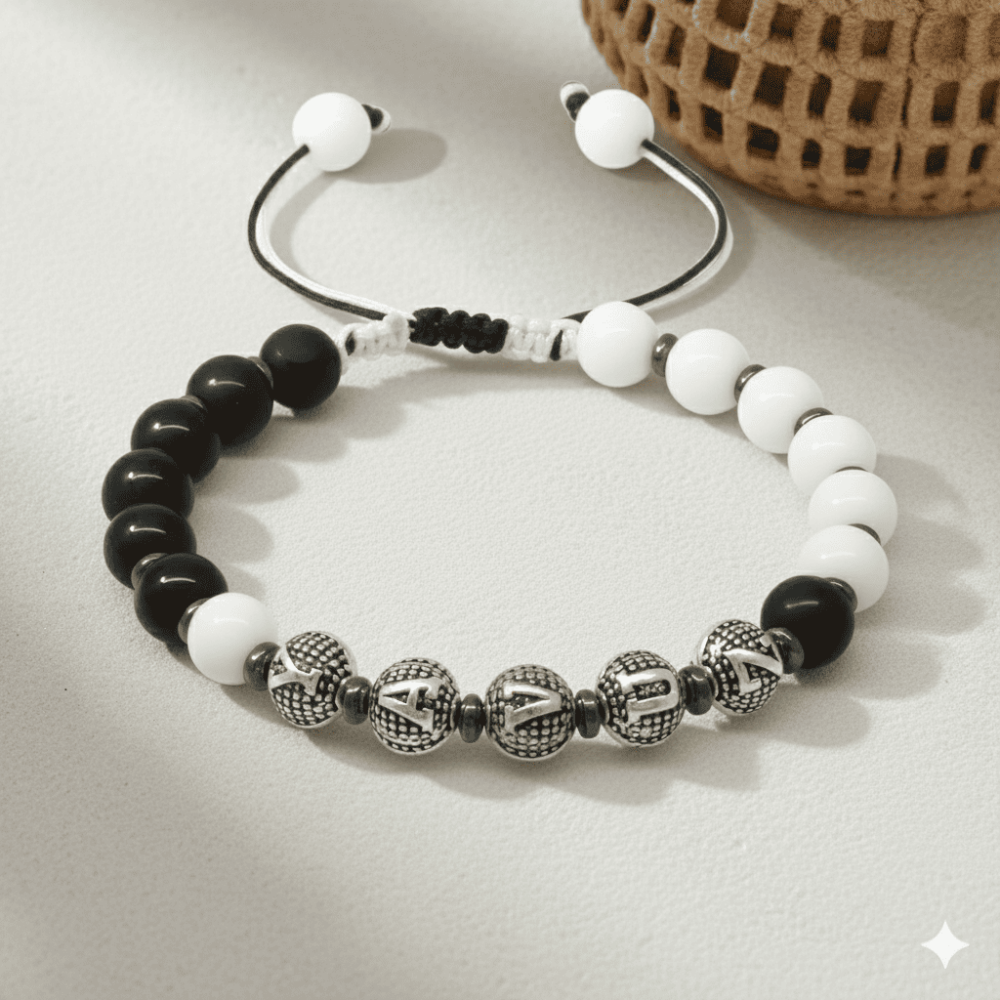 İsme Özel Yazılı Makrome Örgülü Küre Siyah Beyaz Jade Oniks Hematit Doğaltaş Erkek Taraftar Bileklik - 3
