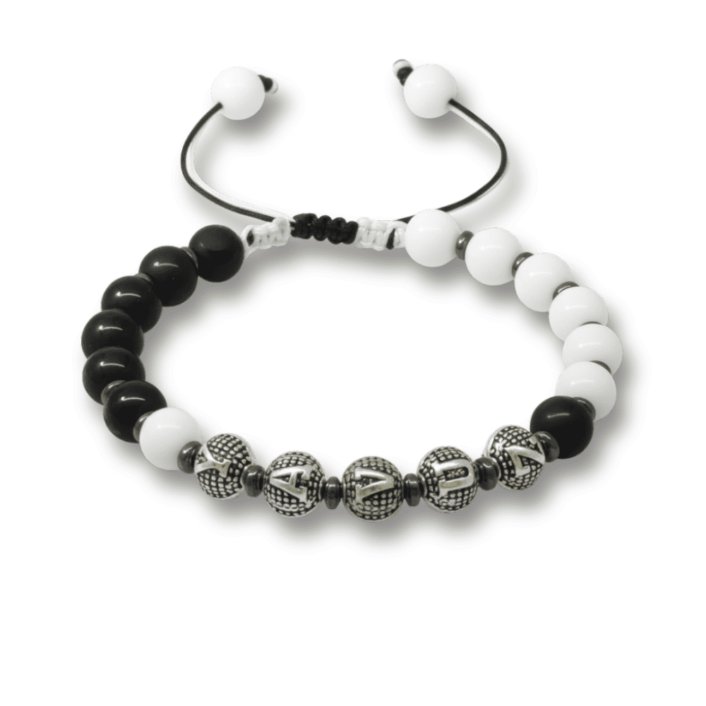 İsme Özel Yazılı Makrome Örgülü Küre Siyah Beyaz Jade Oniks Hematit Doğaltaş Erkek Taraftar Bileklik - 4