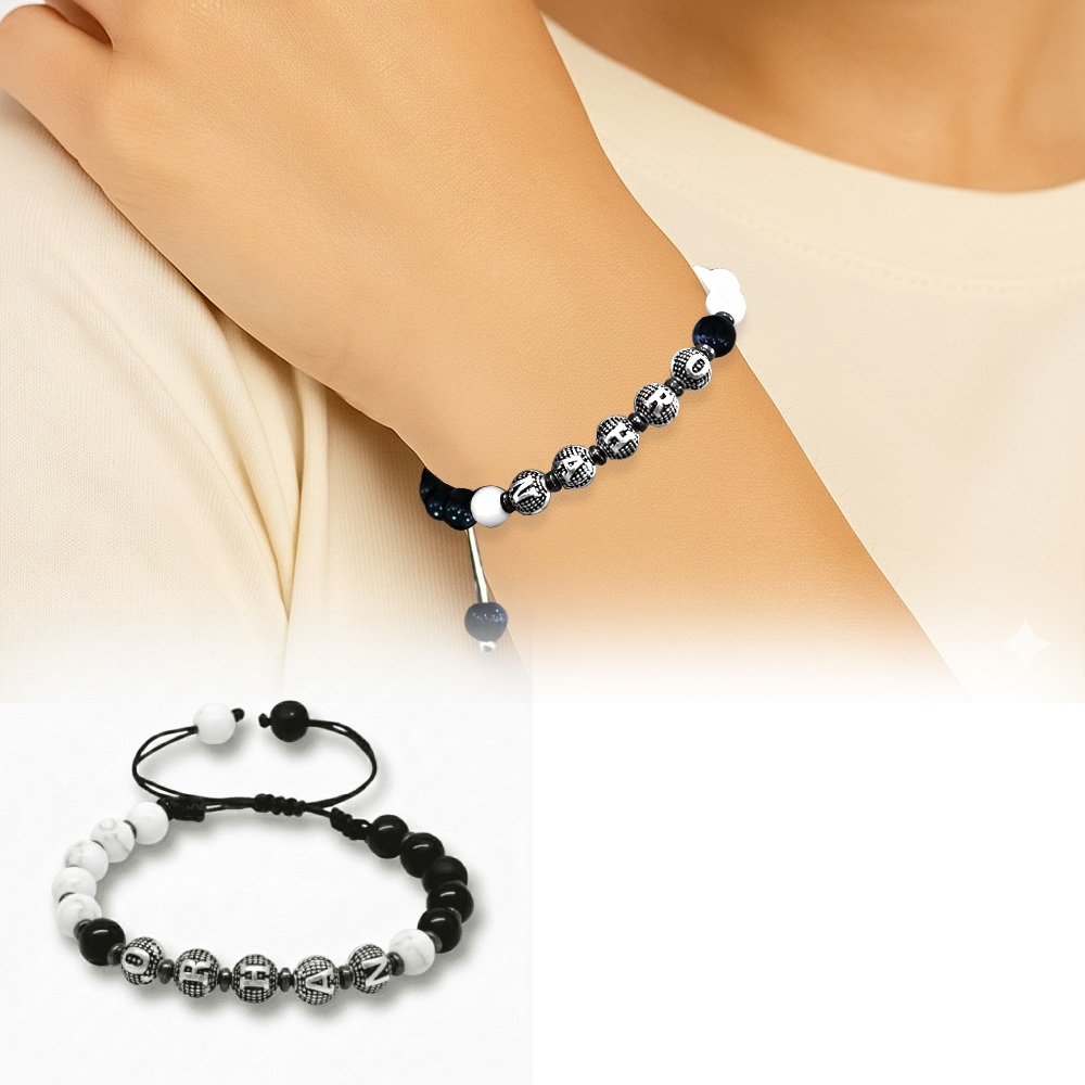 İsme Özel Yazılı Makrome Örgülü Küre Siyah Beyaz Jade Oniks Hematit Doğaltaş Kadın Taraftar Bileklik - 1