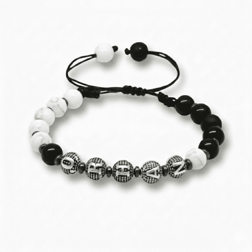 İsme Özel Yazılı Makrome Örgülü Küre Siyah Beyaz Jade Oniks Hematit Doğaltaş Kadın Taraftar Bileklik - 4