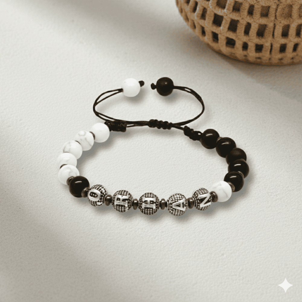 İsme Özel Yazılı Makrome Örgülü Küre Siyah Beyaz Jade Oniks Hematit Doğaltaş Kadın Taraftar Bileklik - 3