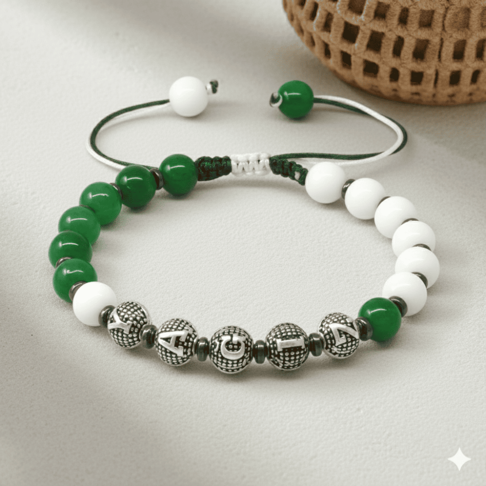 İsme Özel Yazılı Makrome Örgülü Küre Kesim Yeşil Beyaz Jade Hematit Doğaltaş Erkek Taraftar Bileklik - 3