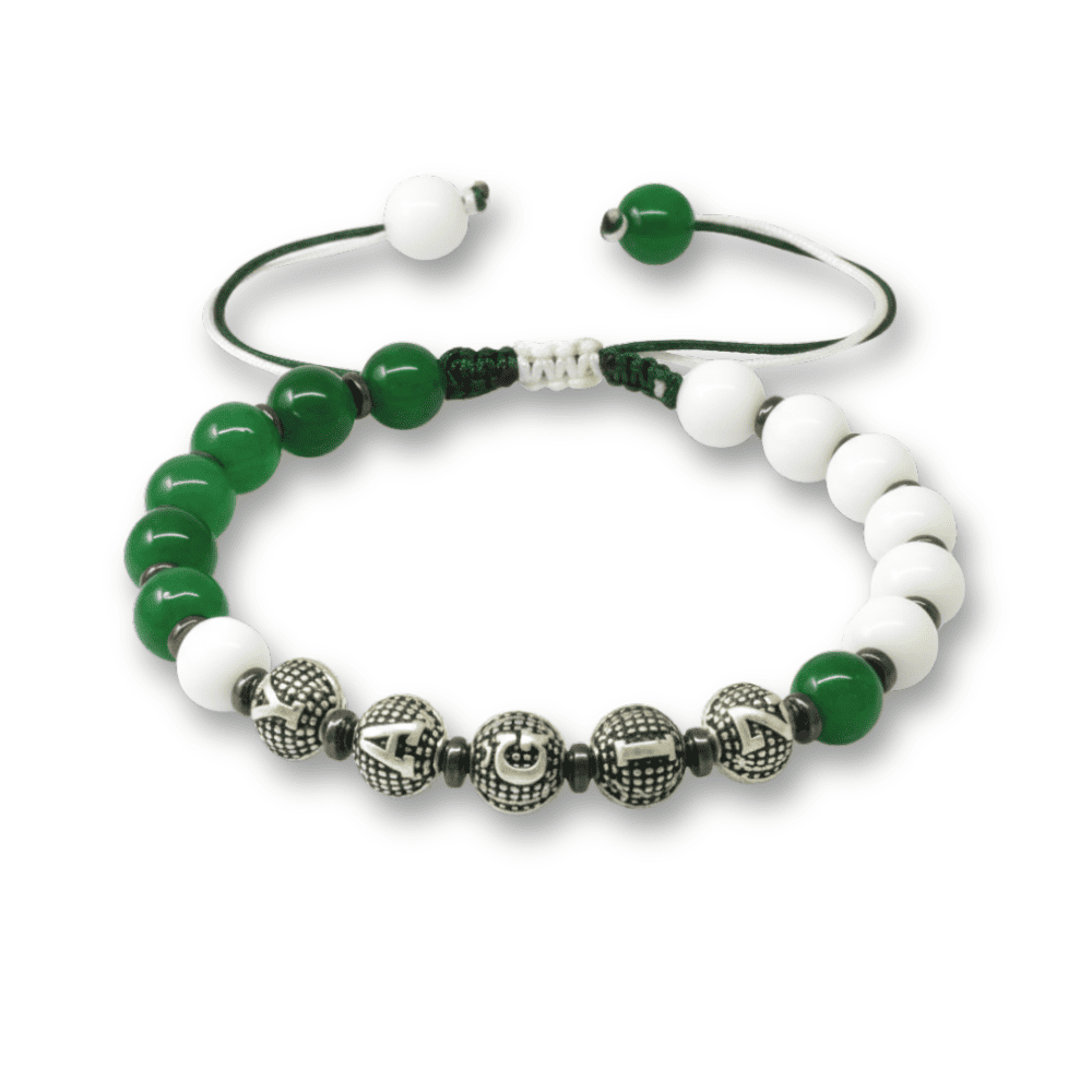 İsme Özel Yazılı Makrome Örgülü Küre Kesim Yeşil Beyaz Jade Hematit Doğaltaş Erkek Taraftar Bileklik - 4