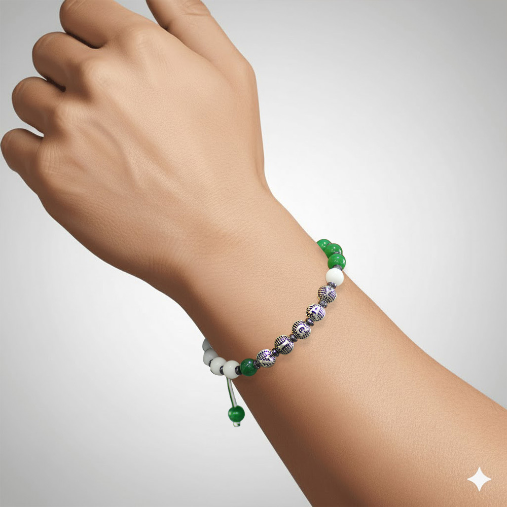 İsme Özel Yazılı Makrome Örgülü Küre Kesim Yeşil Beyaz Jade Hematit Doğaltaş Erkek Taraftar Bileklik - 2