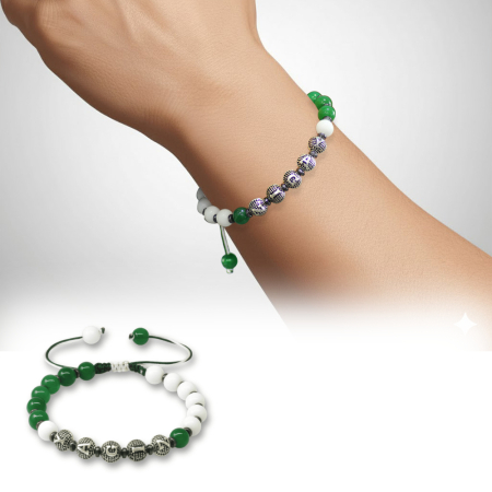 İsme Özel Yazılı Makrome Örgülü Küre Kesim Yeşil Beyaz Jade Hematit Doğaltaş Erkek Taraftar Bileklik - Tesbihane