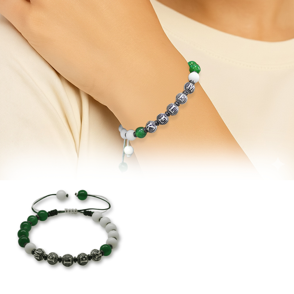 İsme Özel Yazılı Makrome Örgülü Küre Kesim Yeşil Beyaz Jade Hematit Doğaltaş Kadın Taraftar Bileklik - 1