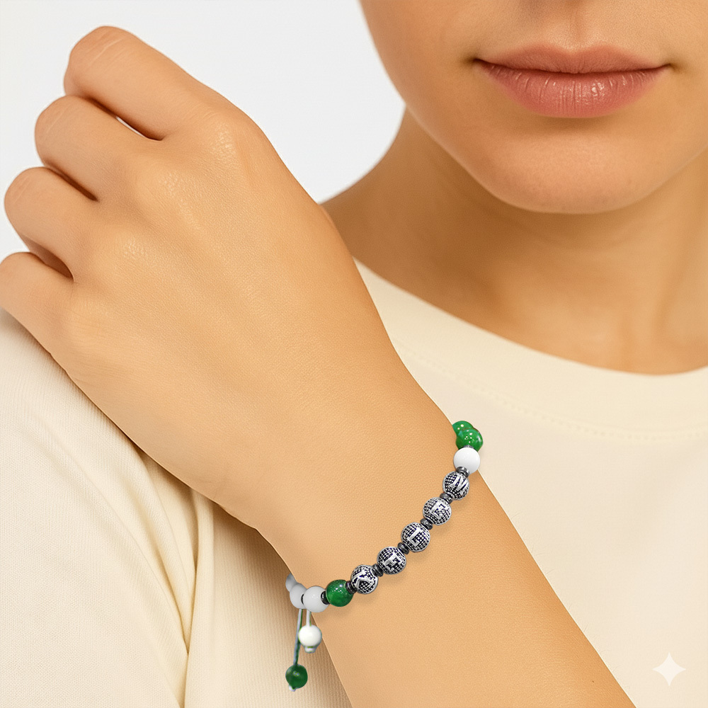 İsme Özel Yazılı Makrome Örgülü Küre Kesim Yeşil Beyaz Jade Hematit Doğaltaş Kadın Taraftar Bileklik - 2