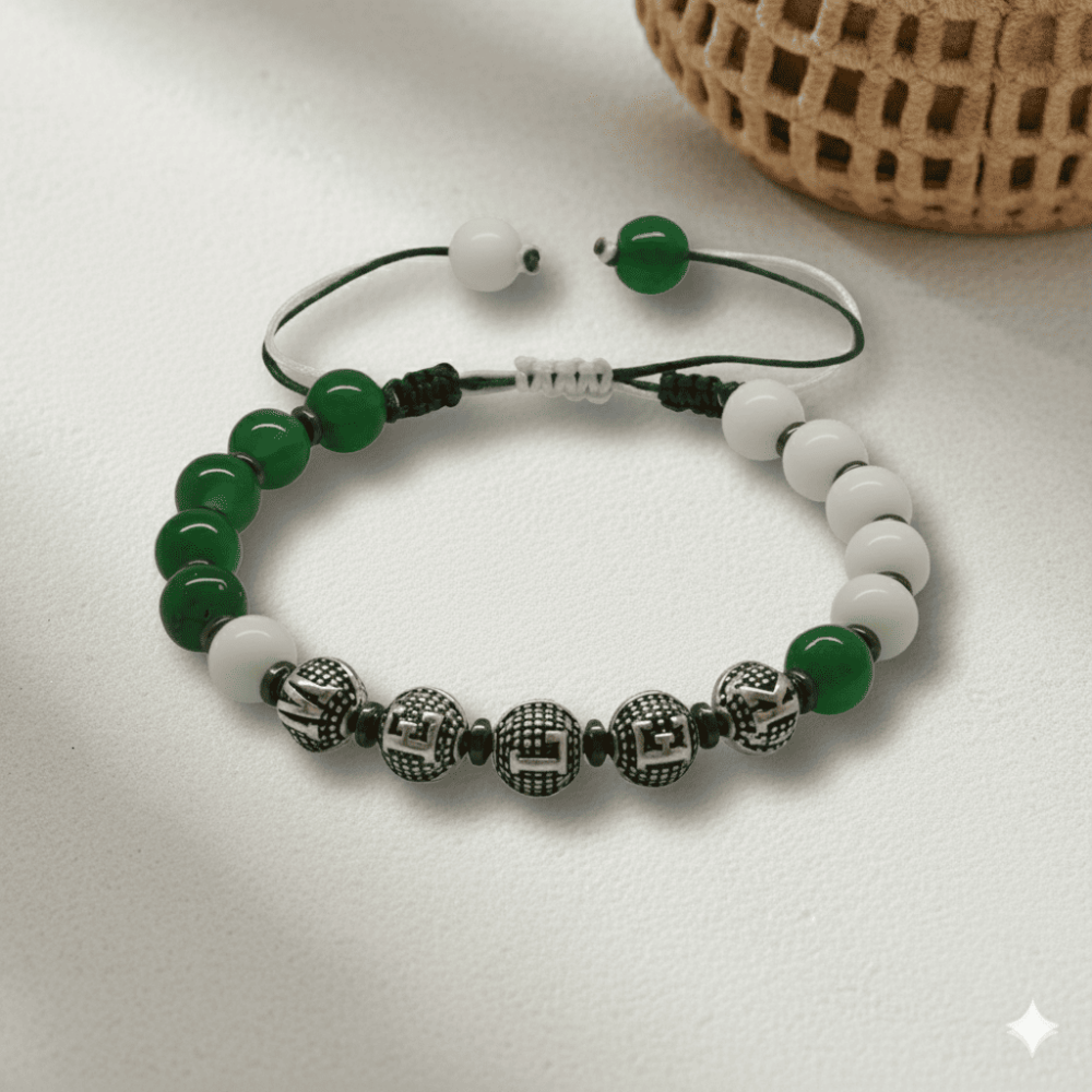 İsme Özel Yazılı Makrome Örgülü Küre Kesim Yeşil Beyaz Jade Hematit Doğaltaş Kadın Taraftar Bileklik - 3