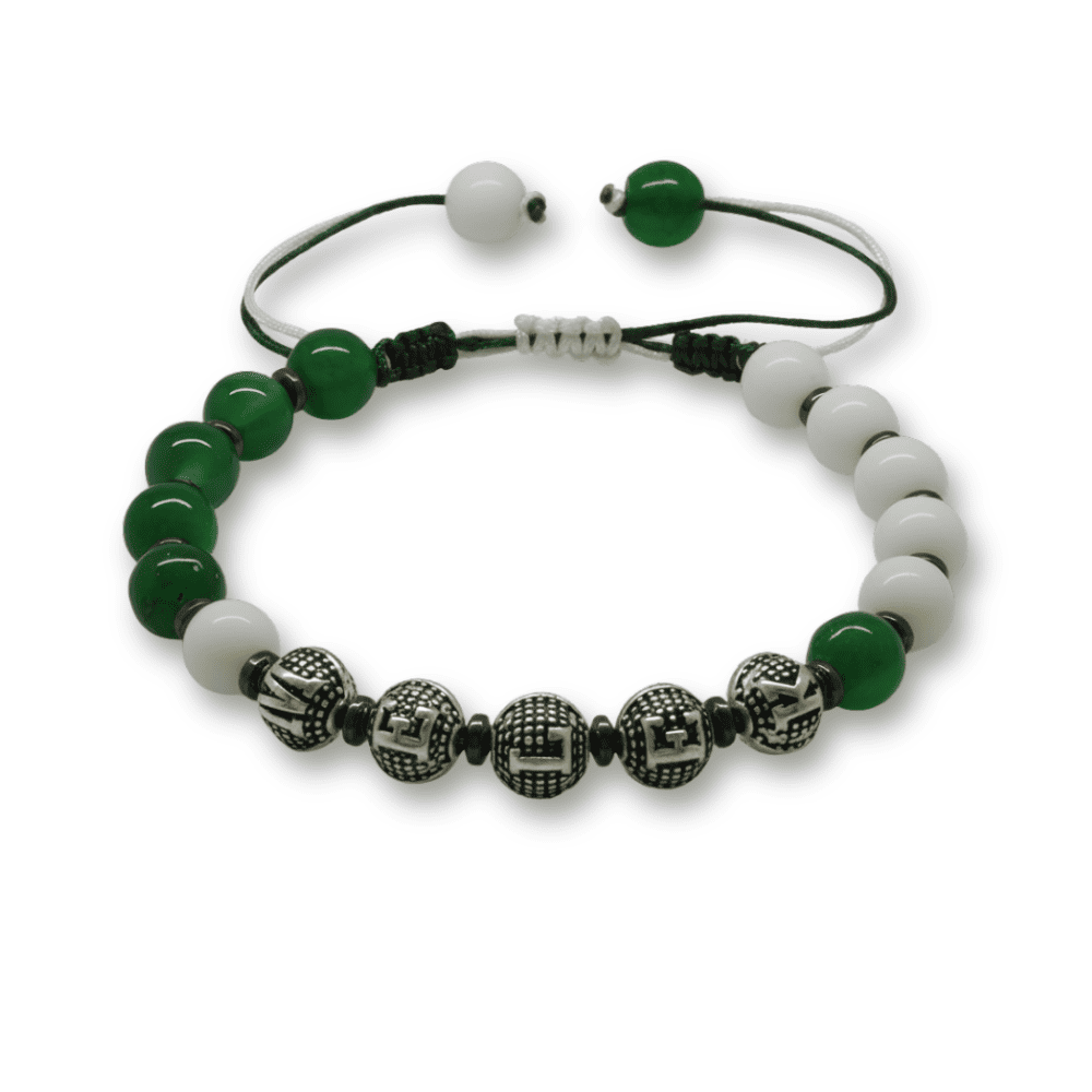 İsme Özel Yazılı Makrome Örgülü Küre Kesim Yeşil Beyaz Jade Hematit Doğaltaş Kadın Taraftar Bileklik - 4