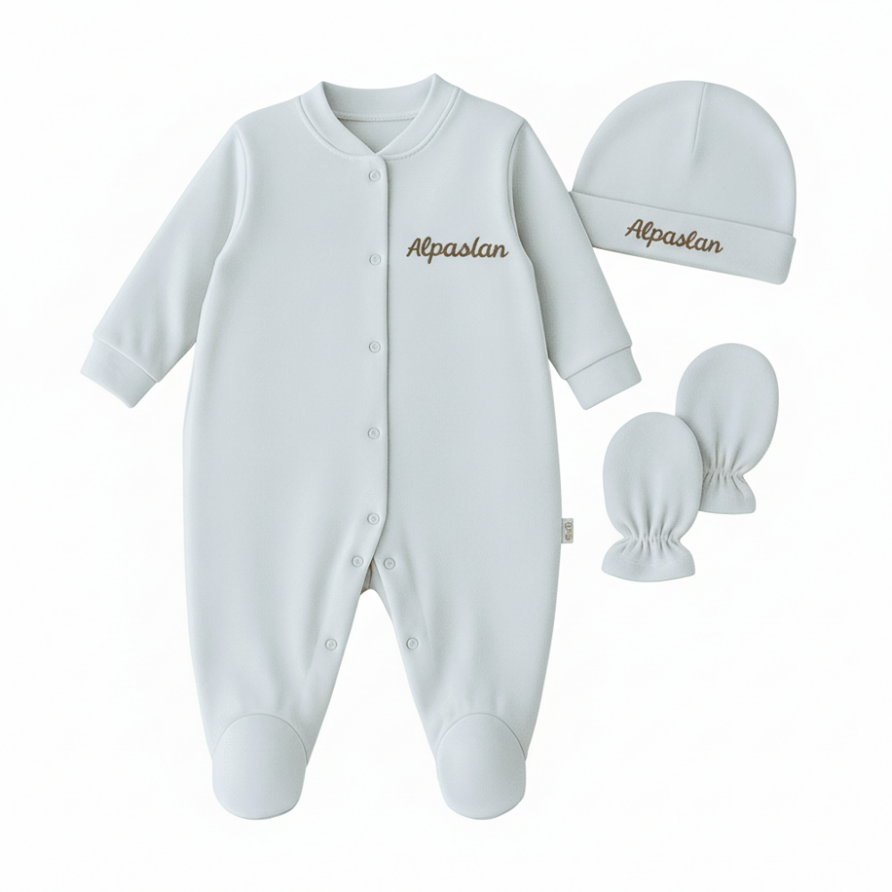 İsme Özel Nakışlı Mavi 3 lü Bebek Tulum Seti - 4