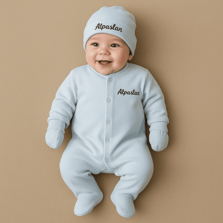 İsme Özel Nakışlı Mavi 3 lü Bebek Tulum Seti - Tesbihane