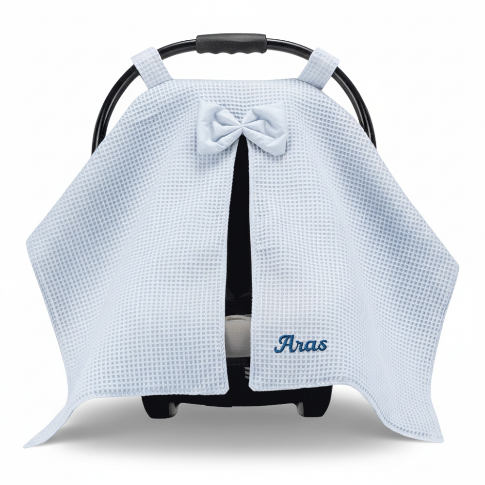 İsme Özel Nakışlı Mavi Renk Bebek Puset Örtüsü - 5