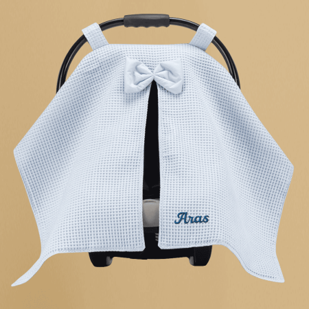 İsme Özel Nakışlı Mavi Renk Bebek Puset Örtüsü - Tesbihane