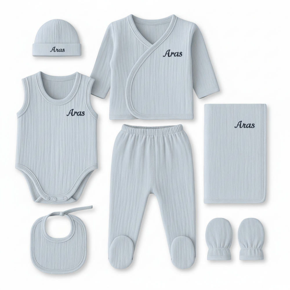 İsme Özel Nakışlı Mavi Müslin Kumaştan 7 li Yenidoğan Hastane Çıkış Bebek Takımı - 4