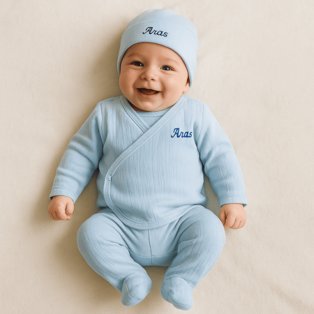 İsme Özel Nakışlı Mavi Müslin Kumaştan 7 li Yenidoğan Hastane Çıkış Bebek Takımı - Tesbihane