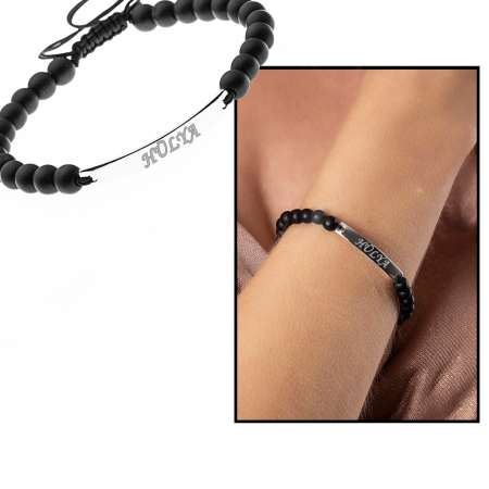 Kişiye Özel İsim Yazılı Oniks Doğaltaş Çelik Kombinli Silver Bileklik - STOKYOK