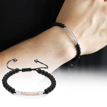 Kişiye Özel İsim Yazılı Oniks Doğaltaş Çelik Kombinli Silver Bileklik - STOKYOK