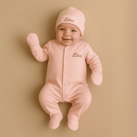 İsme Özel Nakışlı Pembe 3 lü Bebek Tulum Seti - Tesbihane