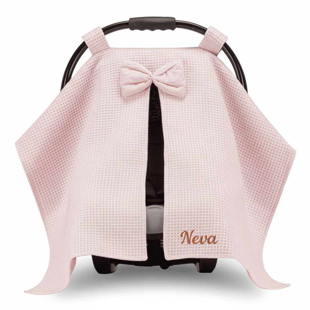 İsme Özel Nakışlı Pembe Renk Bebek Puset Örtüsü - 5