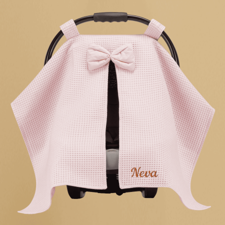 İsme Özel Nakışlı Pembe Renk Bebek Puset Örtüsü - Tesbihane