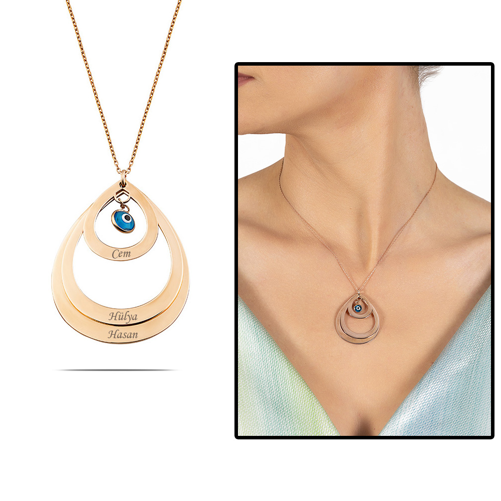 İsme Özel Yazılı Rose Renk 925 Ayar Gümüş Bayan Üç Damla Kolye - 1