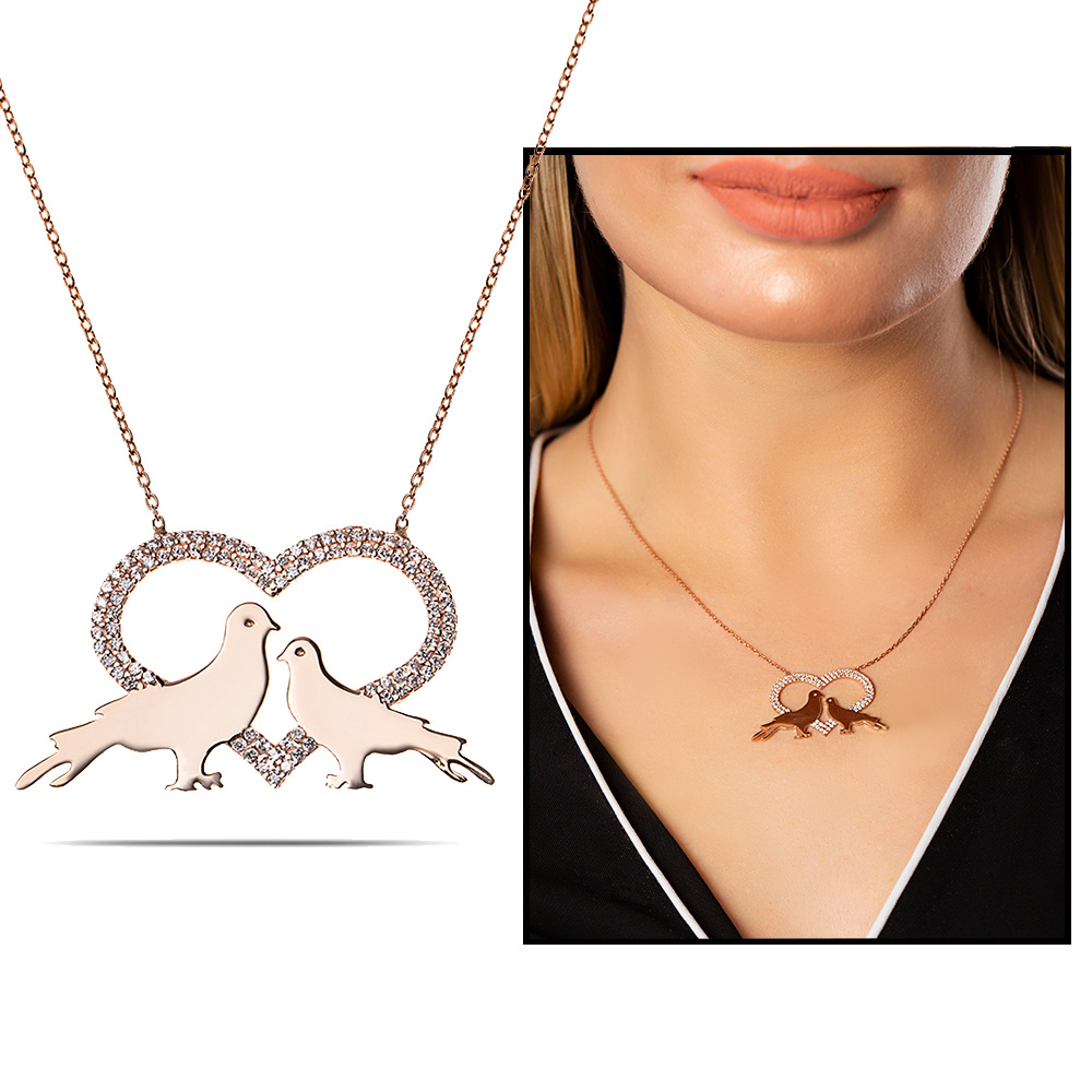 Kişiye Özel İsim Yazılı Rose Renk 925 Ayar Gümüş Kalp Güvercin Kolye - 6