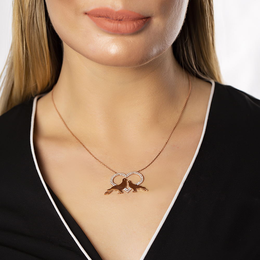 Kişiye Özel İsim Yazılı Rose Renk 925 Ayar Gümüş Kalp Güvercin Kolye - 8