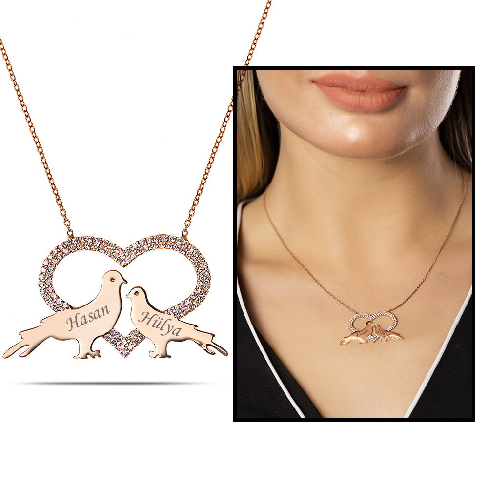 Kişiye Özel İsim Yazılı Rose Renk 925 Ayar Gümüş Kalp Güvercin Kolye - 1