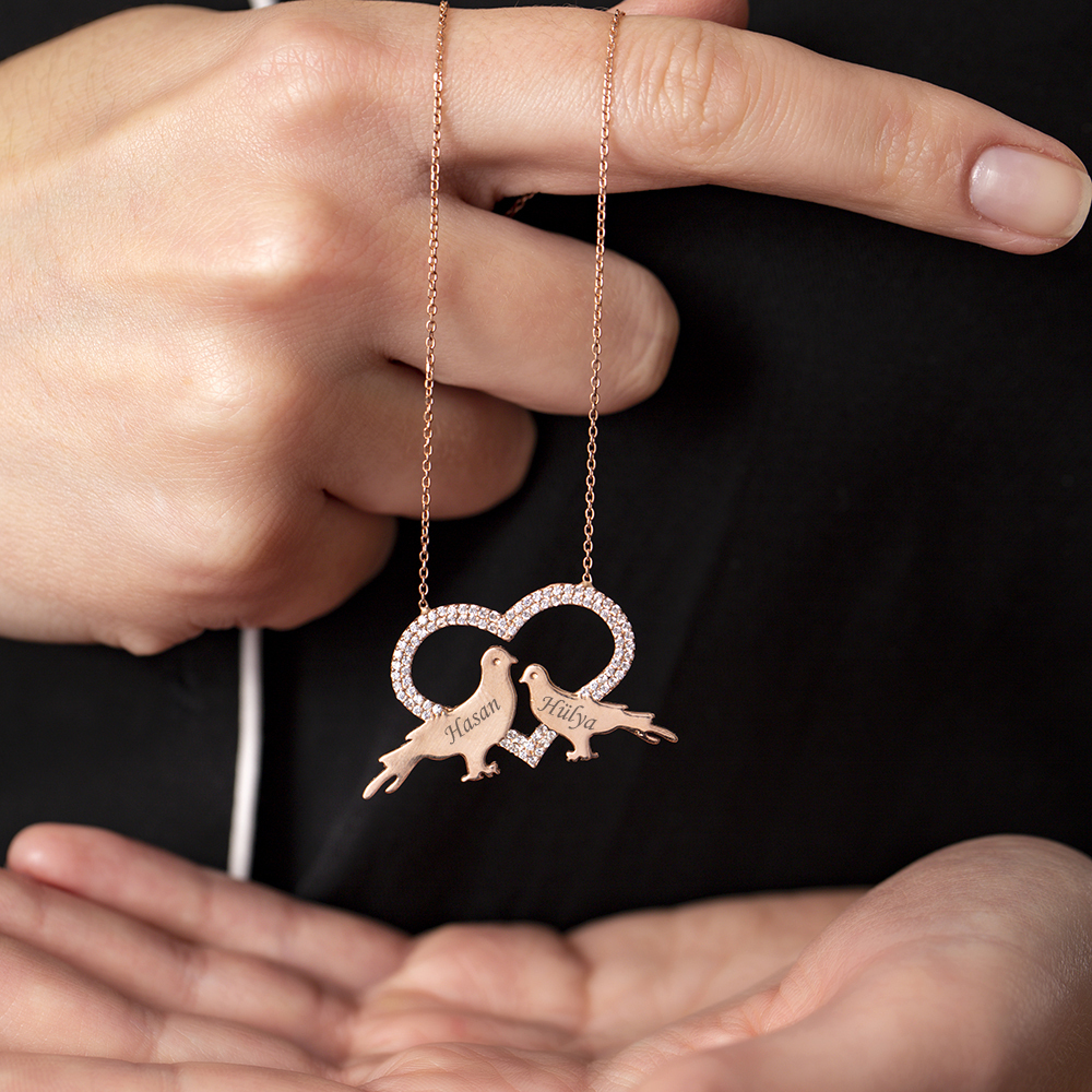 Kişiye Özel İsim Yazılı Rose Renk 925 Ayar Gümüş Kalp Güvercin Kolye - 4