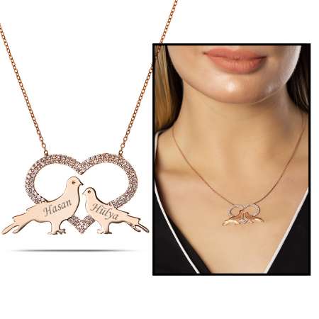 Kişiye Özel İsim Yazılı Rose Renk 925 Ayar Gümüş Kalp Güvercin Kolye - Tesbihane