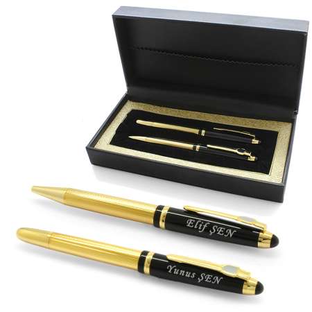 Kişiye Özel İsim Yazılı Sarı Siyah Roller Tükenmez Kalem Seti - Tesbihane