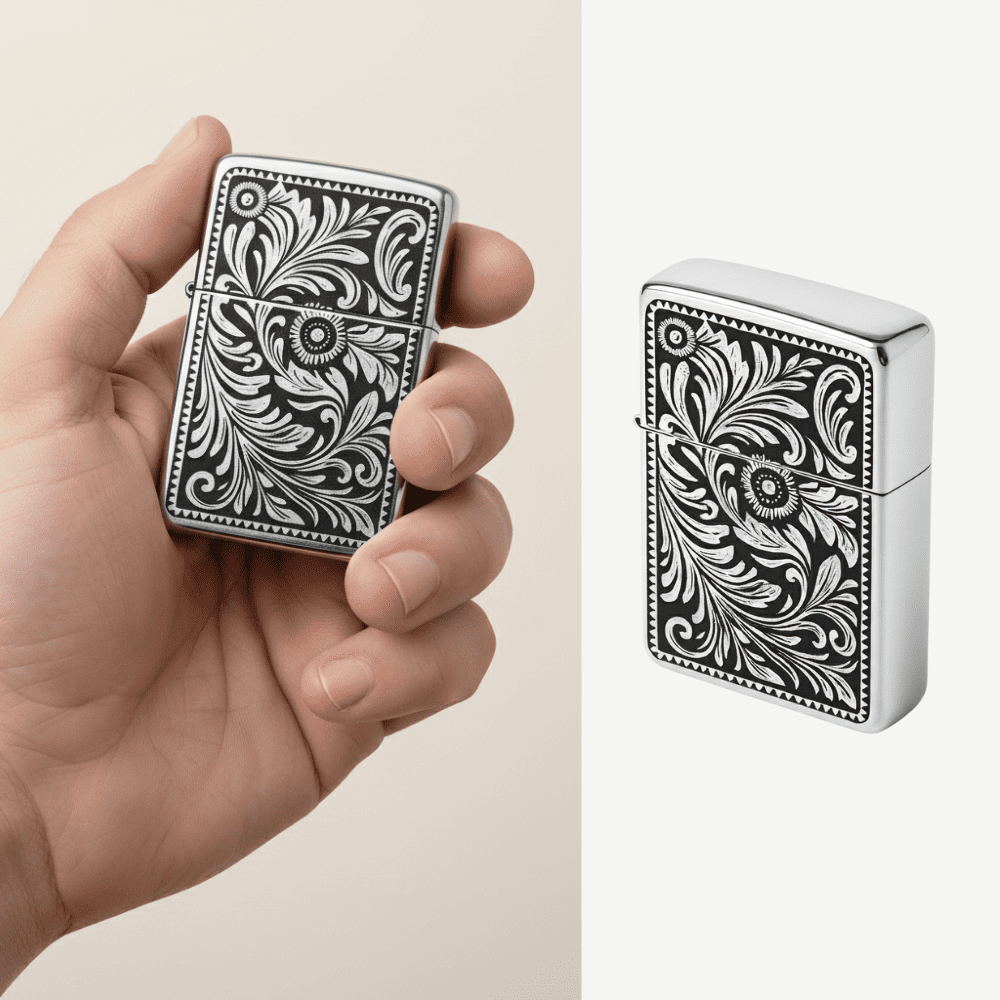 Kişiye Özel Yazılı Sarmaşık İşlemeli Gümüş Renk Manyetolu Çakmak - 1