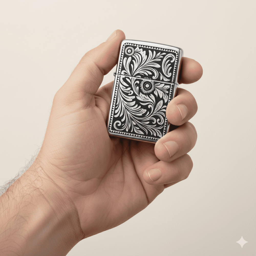 Kişiye Özel Yazılı Sarmaşık İşlemeli Gümüş Renk Manyetolu Çakmak - 2